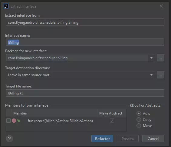 IntelliJ screenshot of the Extract Interface dialog.